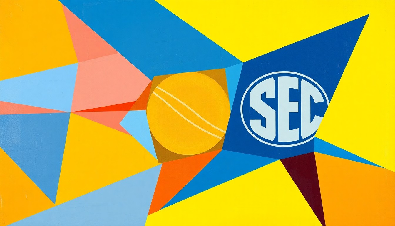 A cubist, geometric painting depicting a fragmented college basketball game, with sharp planes of color representing the teams and action on the court.