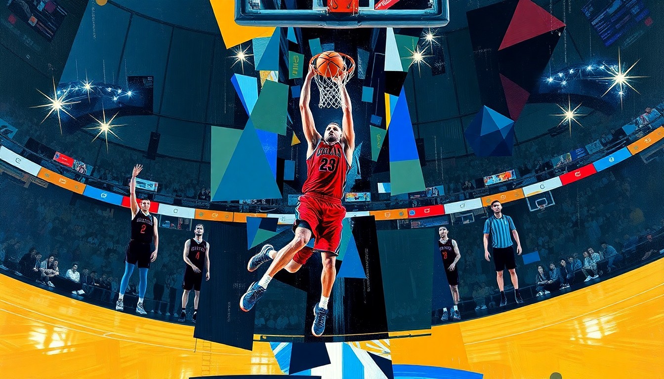 A fragmented, geometric painting depicting the motion and energy of a basketball player's shot, with sharp planes of color and form representing the dramatic moment.