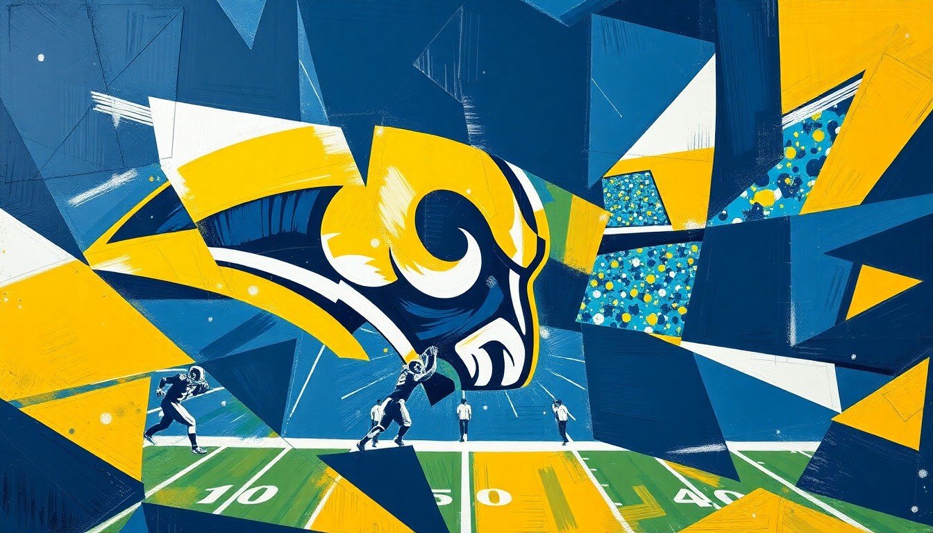 A cubist, geometric painting depicting fragmented football players and draft prospects, with the Rams' navy blue, gold, and white colors prominent throughout the abstract composition.