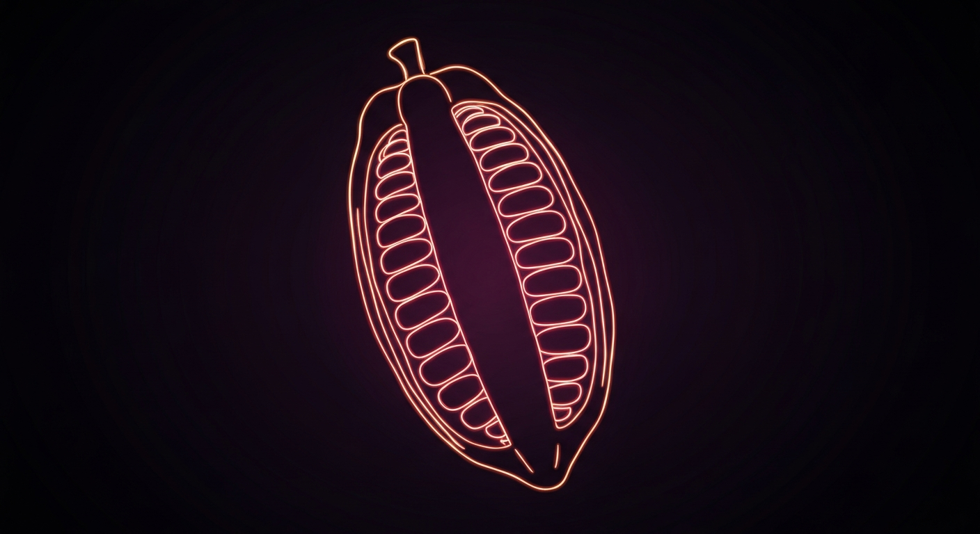 A minimalist, neon-outlined illustration of a cacao pod, its internal structure visible through the glowing lines, representing the functional benefits of Shrumfuzed's new nootropic chocolate products.