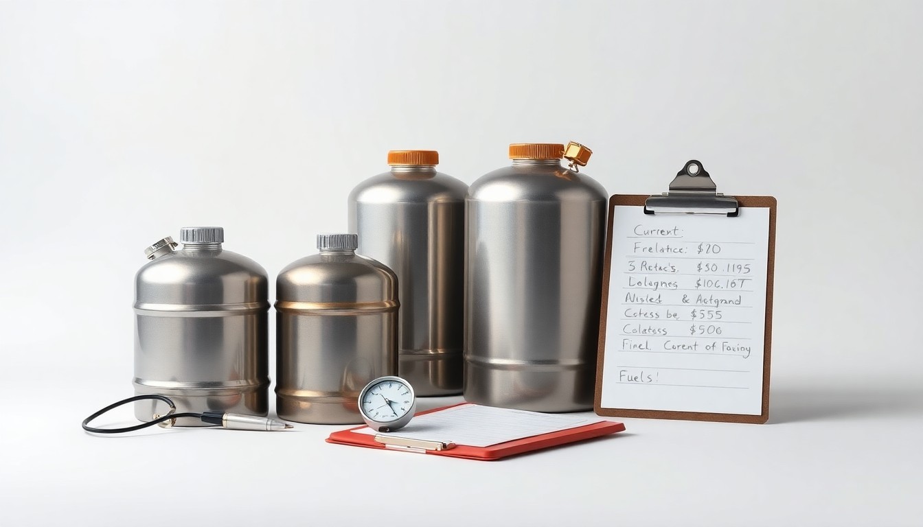 A high-end, photorealistic studio still-life photograph featuring a set of polished metal fuel canisters, a tire pressure gauge, and a clipboard with handwritten notes, all arranged elegantly on a clean, monochromatic seamless background, conceptually representing the challenges of fuel management and cost-cutting strategies for a distribution business.
