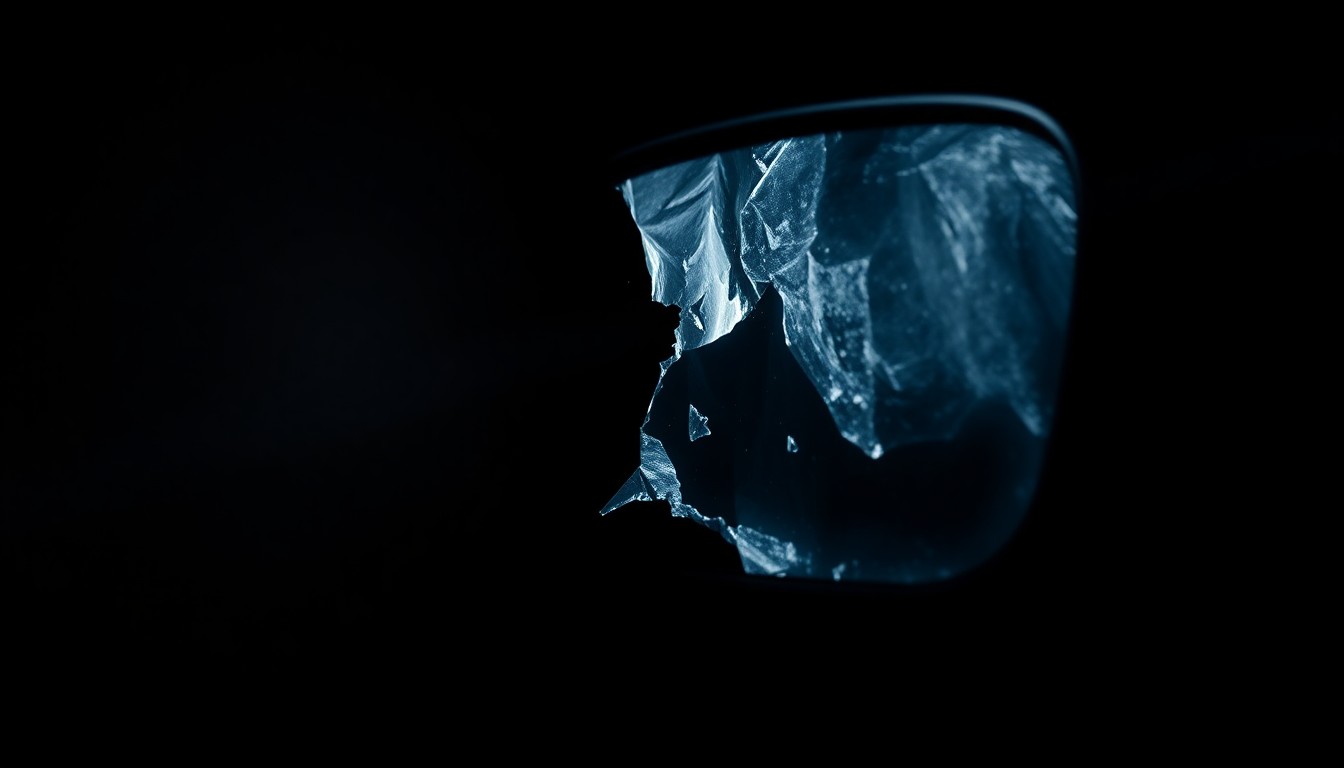 An extreme close-up of a shattered car sensor lens reflecting a faint red light, conceptually illustrating the aftermath of a vehicle collision.