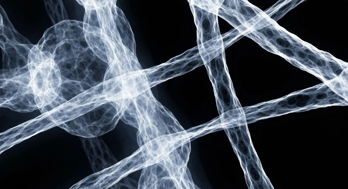 An extreme close-up macro X-ray photograph revealing the intricate internal structures of a human genome or protein molecule in glowing, ghostly detail against a dark background, conceptually representing the power of combining large-scale genomic and real-world health data.