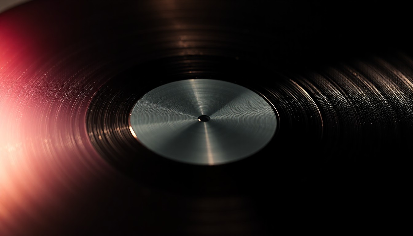 An extreme close-up photograph of a shiny, metallic mini vinyl record in dramatic studio lighting, capturing the luxurious, high-end texture and glitz of the Miniverse Real Music collectibles.