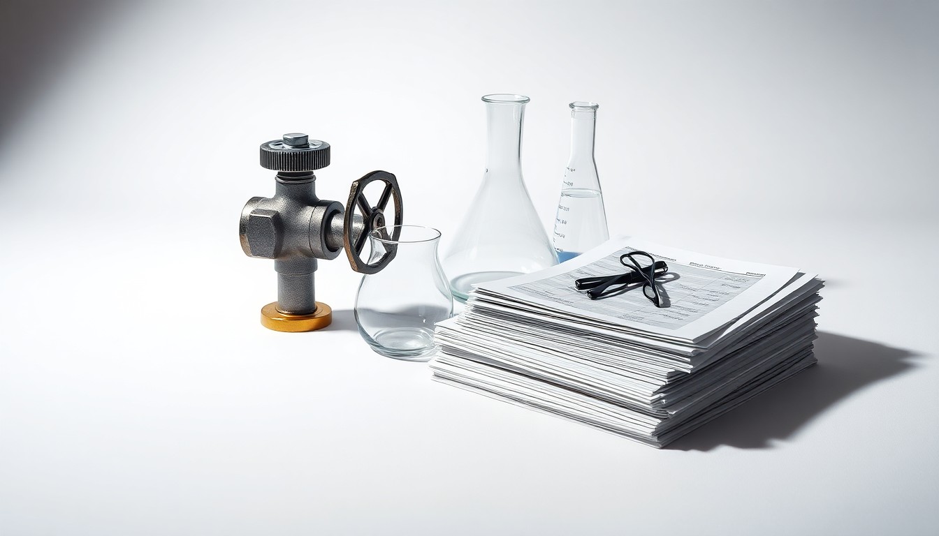 A high-end, photorealistic studio still-life photograph featuring a polished metal gas valve, a glass beaker, and a stack of financial documents arranged elegantly on a clean, white background, conceptually representing the abstract concepts of energy markets and corporate finance.