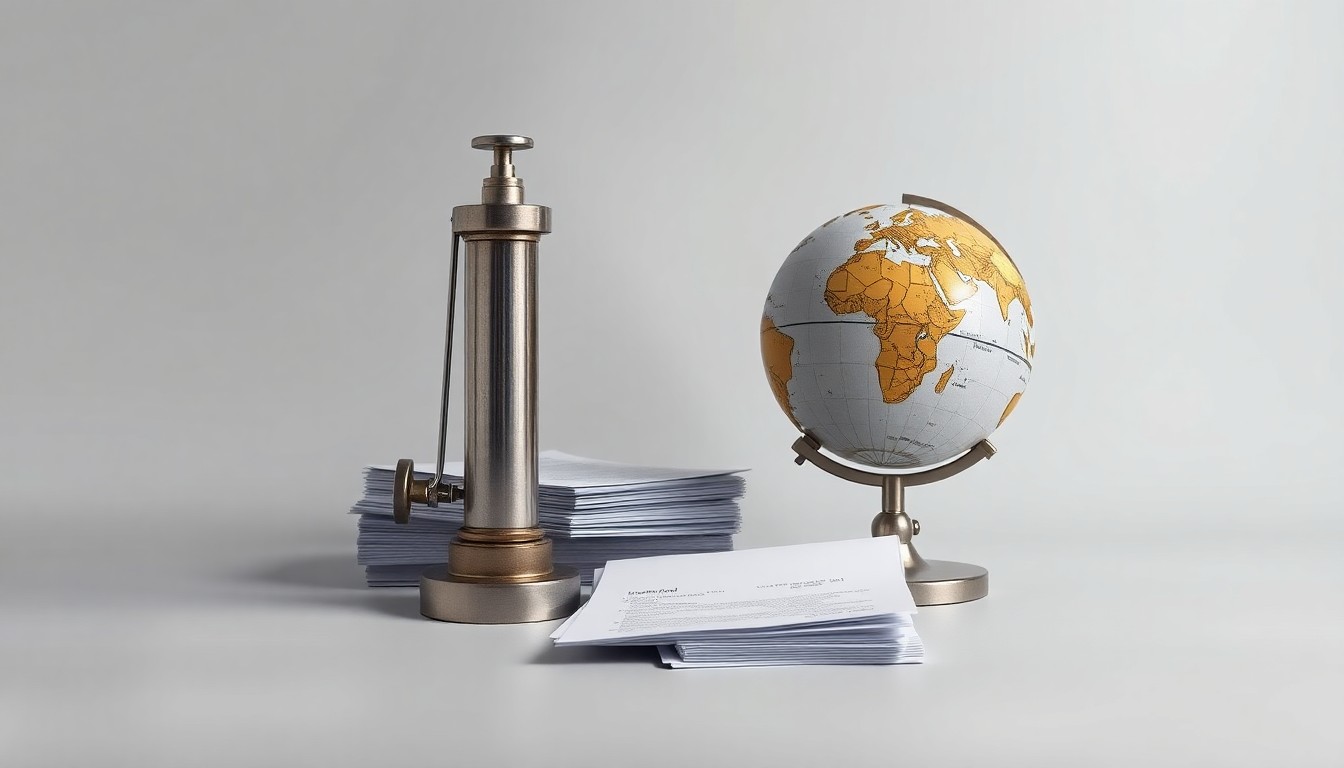 A photorealistic studio still life featuring a polished metal oil pump jack, a stack of financial documents, and a globe, arranged elegantly on a clean, monochromatic grey background to symbolize Weatherford's global energy services, financial management, and international operations.