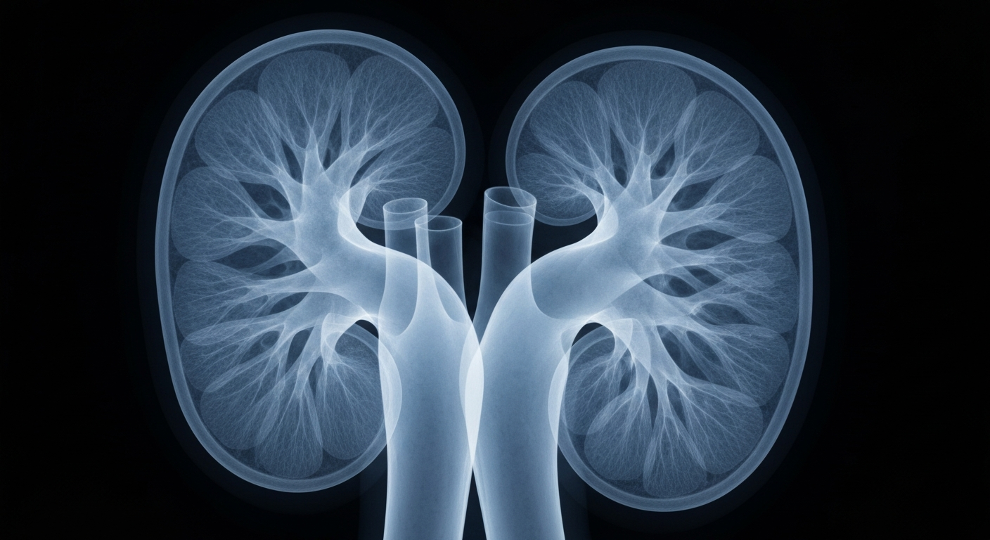 A ghostly, translucent X-ray photograph revealing the intricate internal structures of a human kidney in shades of blue and grey against a dark background, conceptually illustrating the need for improved early detection and management of chronic kidney disease.