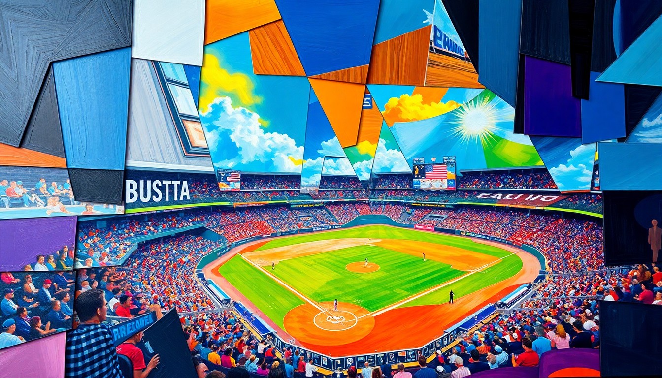 A fractured, geometric painting in bold, vibrant colors that deconstructs a baseball game or match into sharp, overlapping planes, conceptually representing the Mets' early-season challenges.