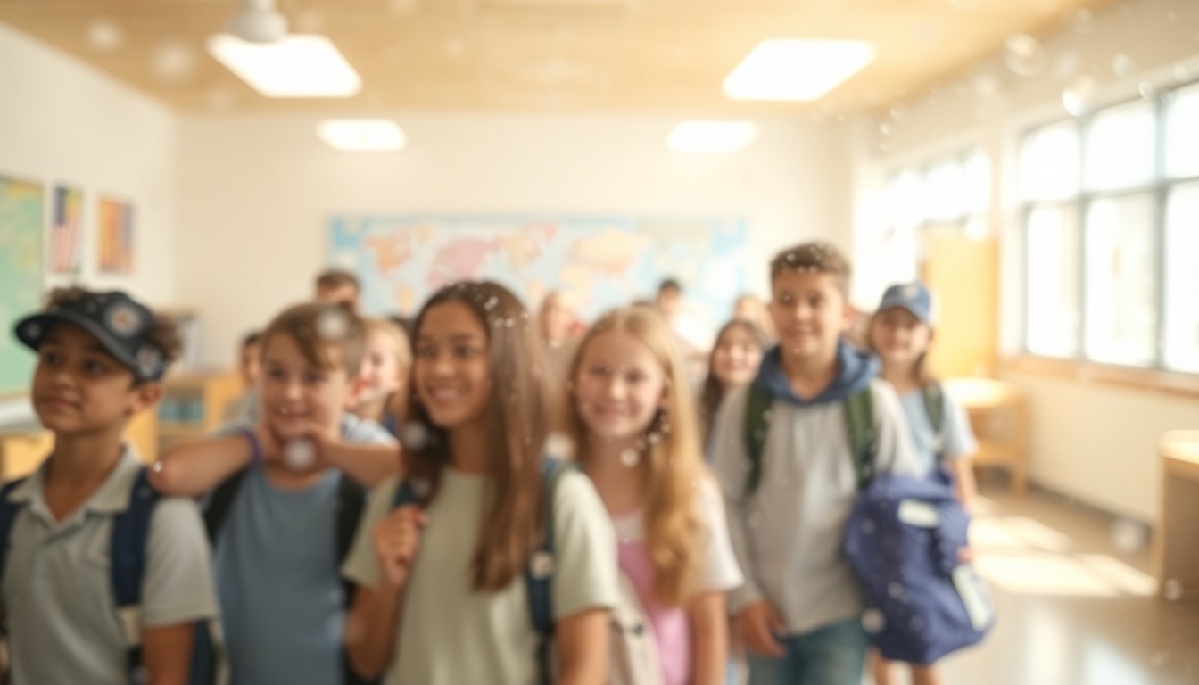 An abstract, impressionistic scene of blurred, colorful shapes and forms representing a diverse group of students in a warm, welcoming school environment, conveying a sense of safety and community.