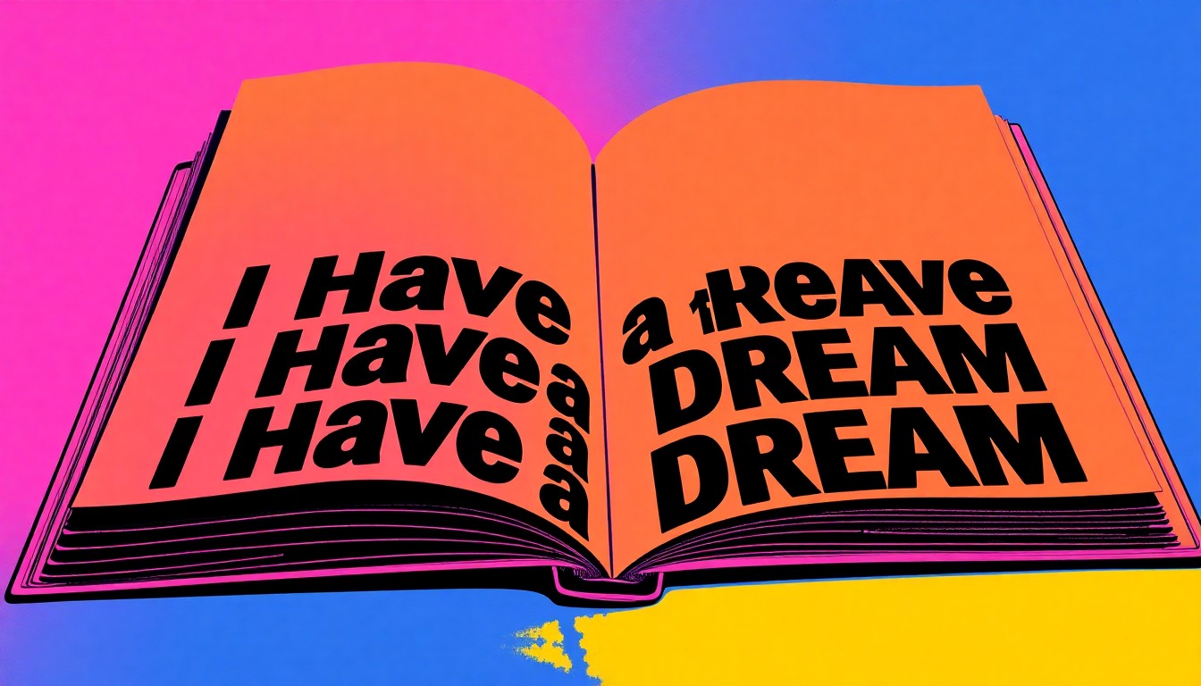 A brightly colored, high-contrast silkscreen print of an open book with the words 
