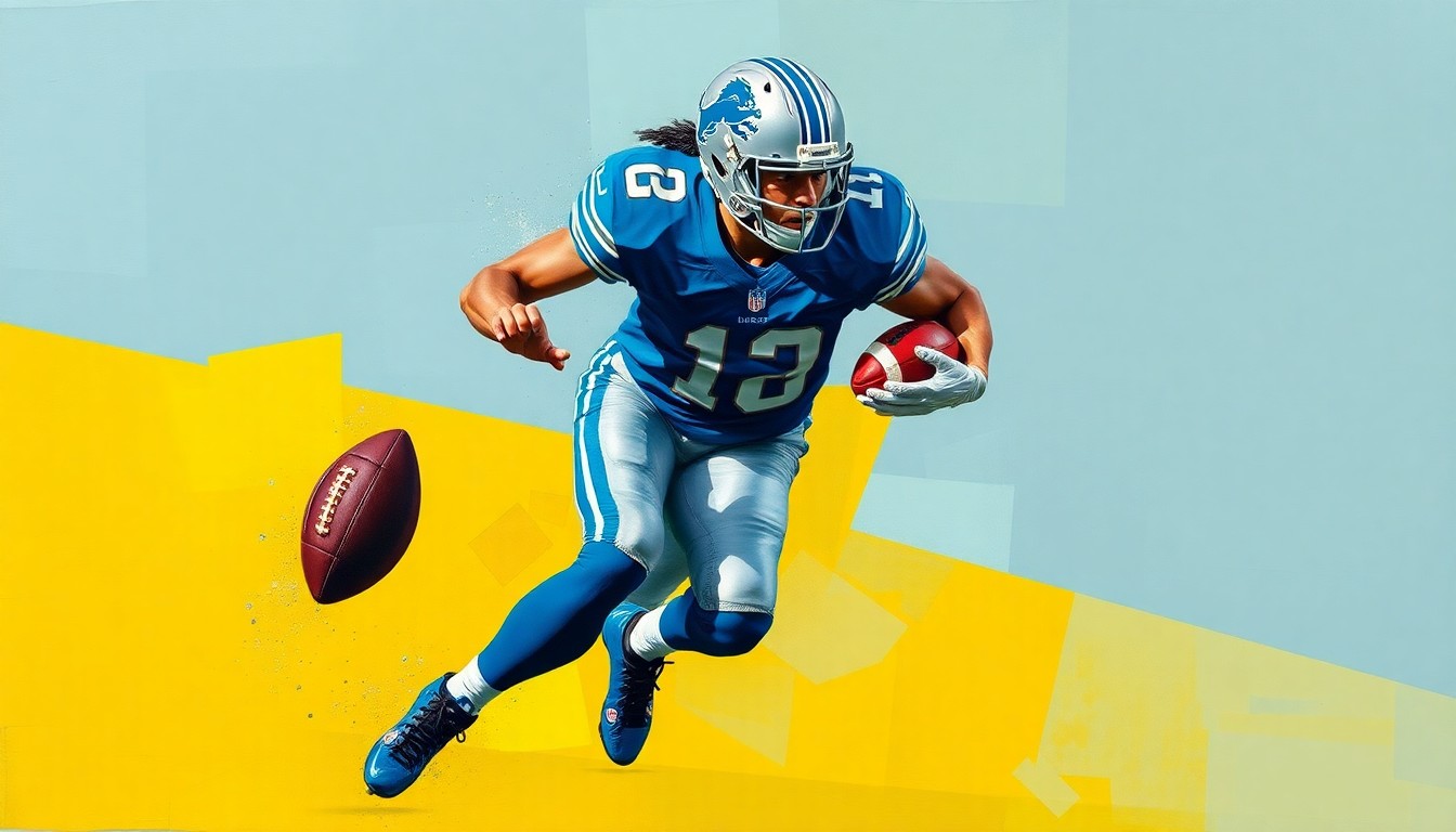 A fractured, multi-perspective painting in bold blues, silvers, and pewter tones, depicting the geometric deconstruction of a football player's pass rushing motion, capturing the raw energy and athleticism of Detroit's defensive line.