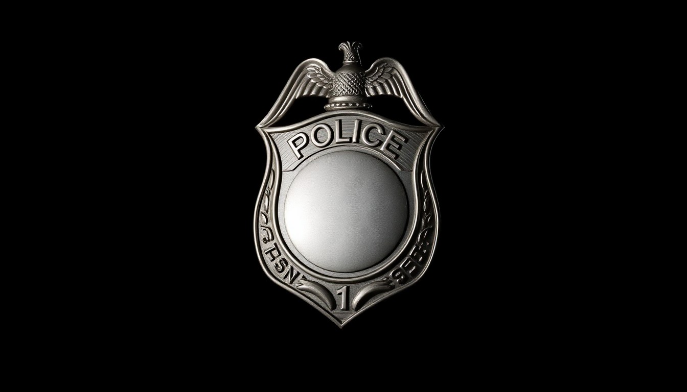 An extreme close-up of a police badge reflecting a harsh, direct flash of light, conceptually illustrating the issues of off-duty officer behavior and the need for accountability in law enforcement.