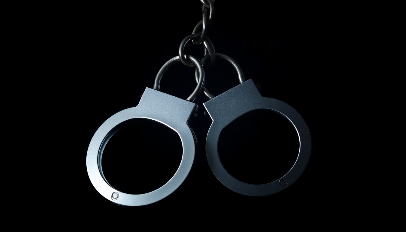 An extreme close-up photograph of a pair of handcuffs against a pitch-black background, lit by a harsh, direct camera flash, conceptually illustrating the gravity of criminal charges.