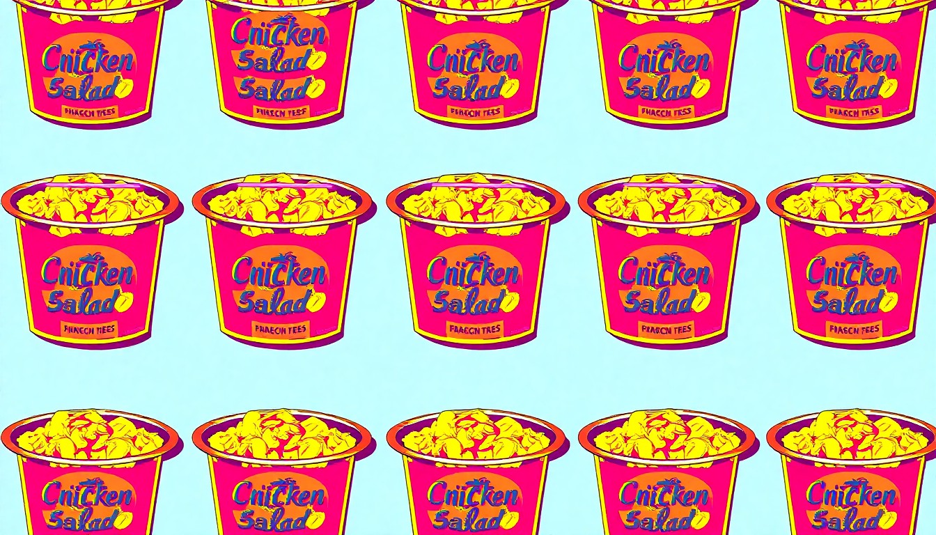 A highly stylized, abstract image composed of a repeating pattern of a single, iconic chicken salad container rendered in bold, neon-like colors and heavy black outlines, conceptually representing the arrival of this new fast-casual restaurant in Boerne.