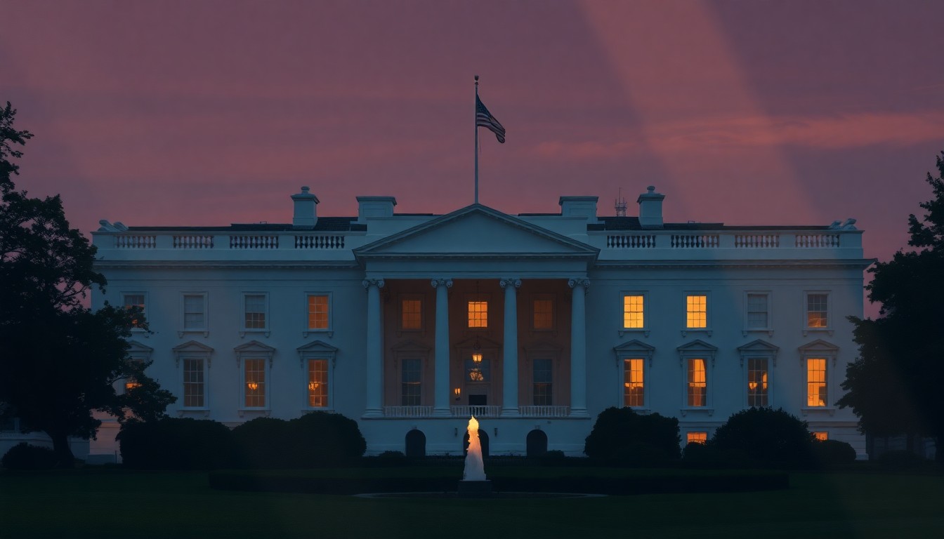 A dimly lit, cinematic painting of the White House at dusk, with the faint outline of a new ballroom structure emerging from the shadows, bathed in warm, diagonal sunlight, conceptually illustrating the controversy surrounding the president's decision to move forward with the project despite legal challenges.
