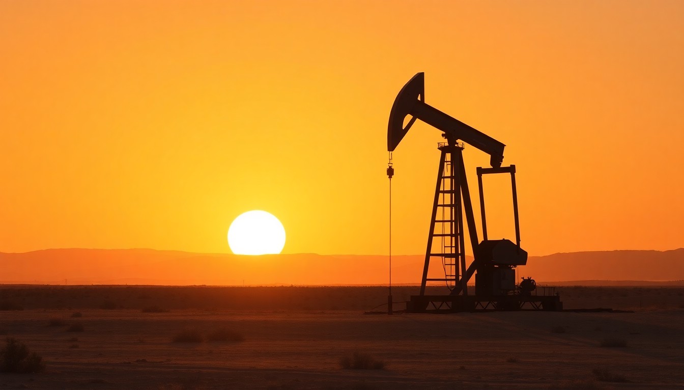 A cinematic painting of a lone oil pump jack in a desert setting, bathed in warm, golden light and deep shadows, conceptually representing the geopolitical tensions impacting global energy markets.