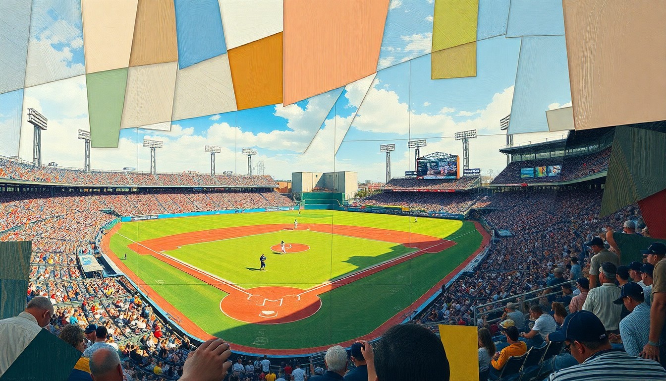 A cubist, geometric painting depicting the action of a college baseball game, with players and the field broken down into overlapping angular shapes and planes in a vibrant color palette.