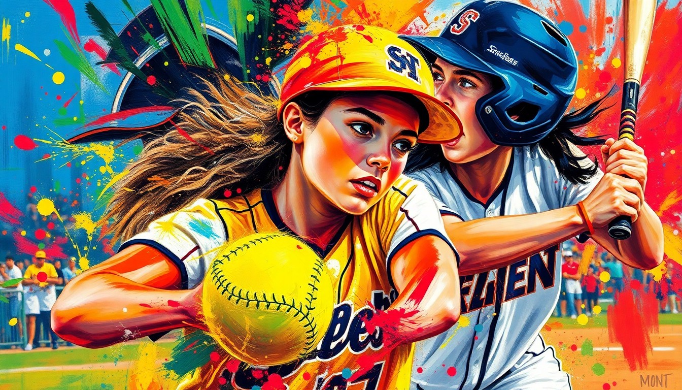 An abstract expressionist painting in neon colors depicting the dynamic movements and energy of a high school softball game, with players and equipment blending into vibrant brushstrokes.