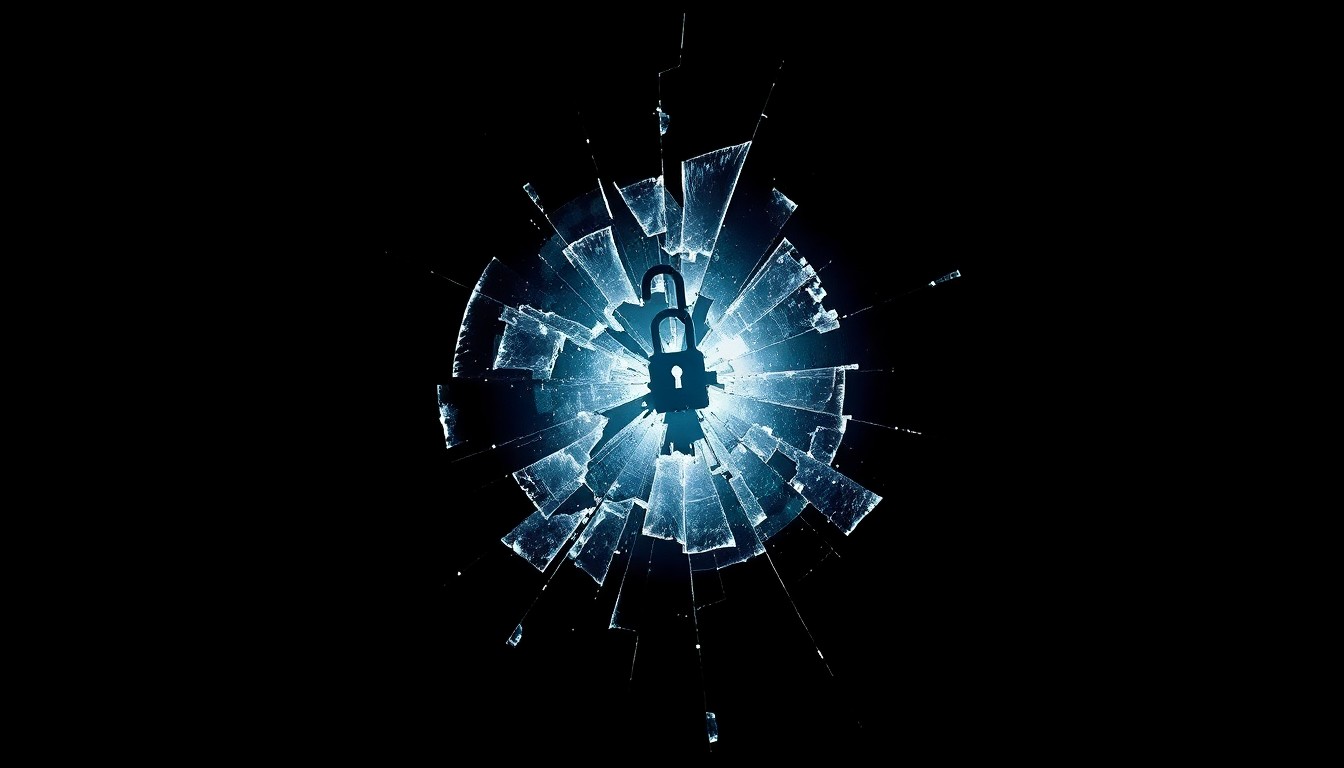 An extreme close-up photograph of a broken lock, reflecting the harsh, sudden lighting of a camera flash, conceptually illustrating the aftermath of a burglary incident.