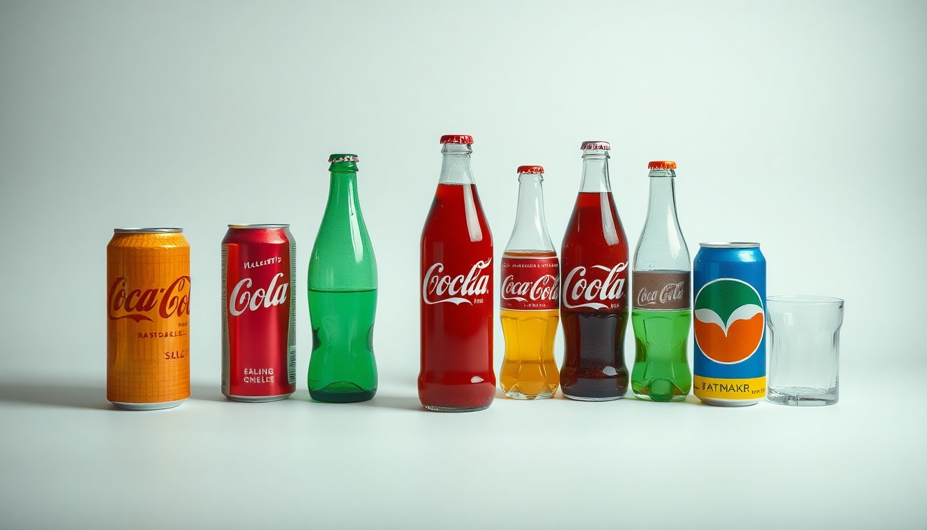 A high-end, photorealistic studio still-life photograph featuring a collection of vintage soda cans and bottles arranged elegantly on a clean, monochromatic background, conceptually representing the abstract concepts of brand strategy, market competition, and consumer trends in the soda industry.
