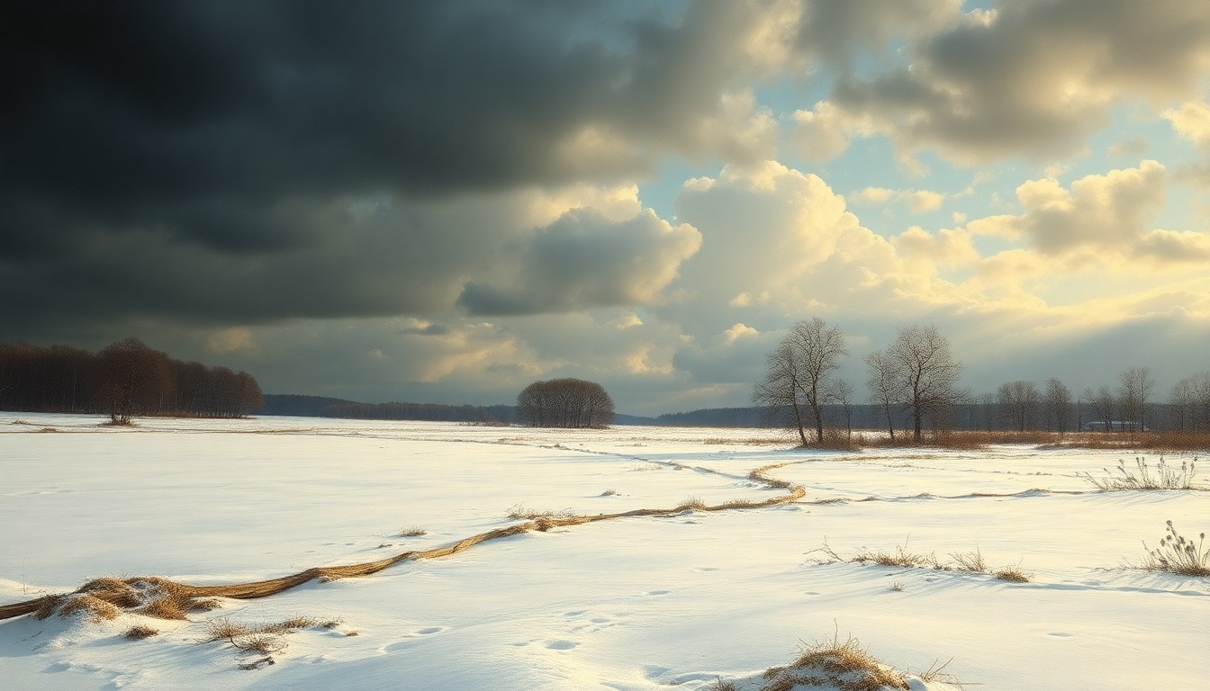 A sweeping, atmospheric landscape painting in muted tones of gray, blue, and white, depicting a vast, frozen field under a dramatic, cloudy sky. The scene conveys a sense of the overwhelming scale and power of the natural world, with the frozen ground and bare trees dwarfed by the expansive, hazy horizon.