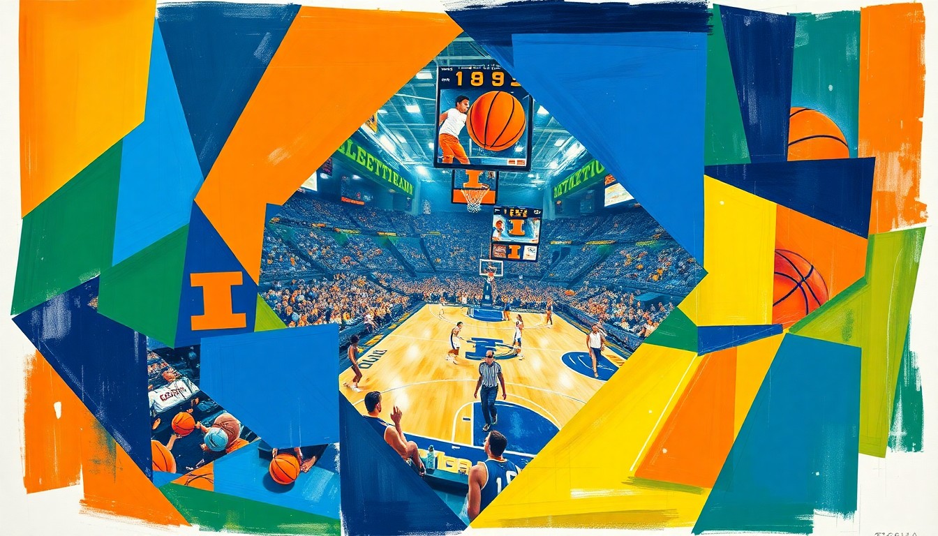A cubist, geometric painting depicting a college basketball game, with sharp, overlapping planes of color representing the players and action on the court. The vibrant colors and fractured composition capture the energy and intensity of the tournament matchup.