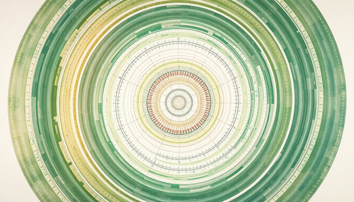 An abstract painting in soft, earthy tones of green, brown, and blue, featuring sweeping geometric arcs, concentric circles, and precise botanical spirals, conceptually representing the complex scientific forces behind a new method for rapidly measuring the effectiveness of air disinfection systems.