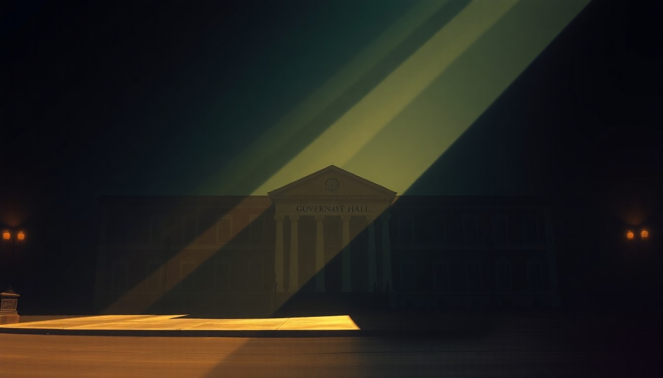 A warm, cinematic painting of a government office building in Chicago, with deep shadows and diagonal sunlight creating a melancholy, nostalgic mood.