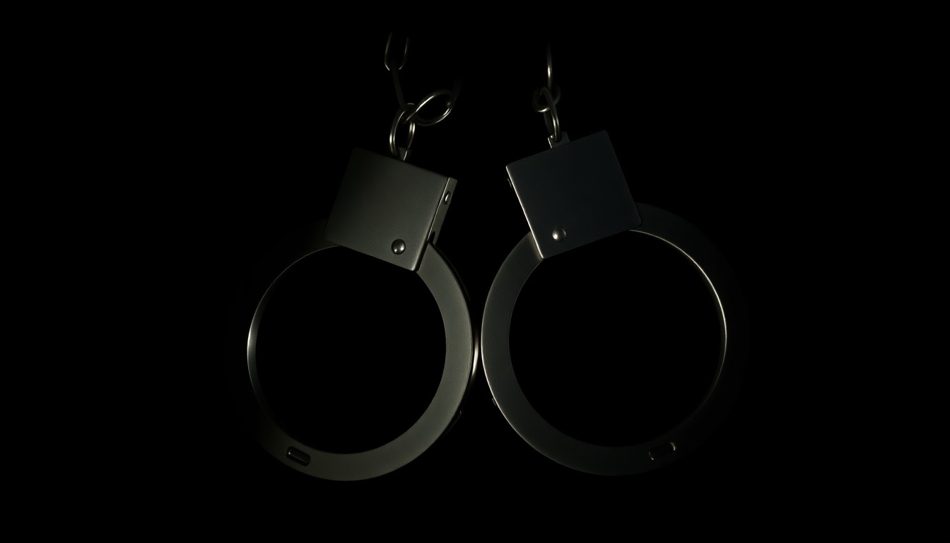 An extreme close-up of a pair of metal handcuffs against a pitch-black background, the harsh flash illuminating the cold, hard surface of the restraints in stark contrast to the darkness, conceptually representing the serious nature of the alleged crimes.