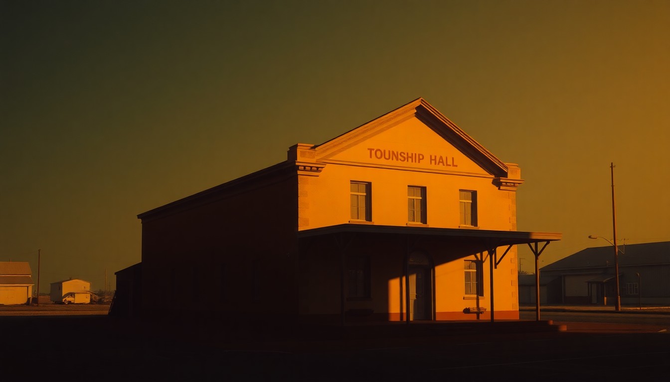 A serene, nostalgic painting of a township hall building in warm, golden light, capturing the timeless essence of small-town local government.