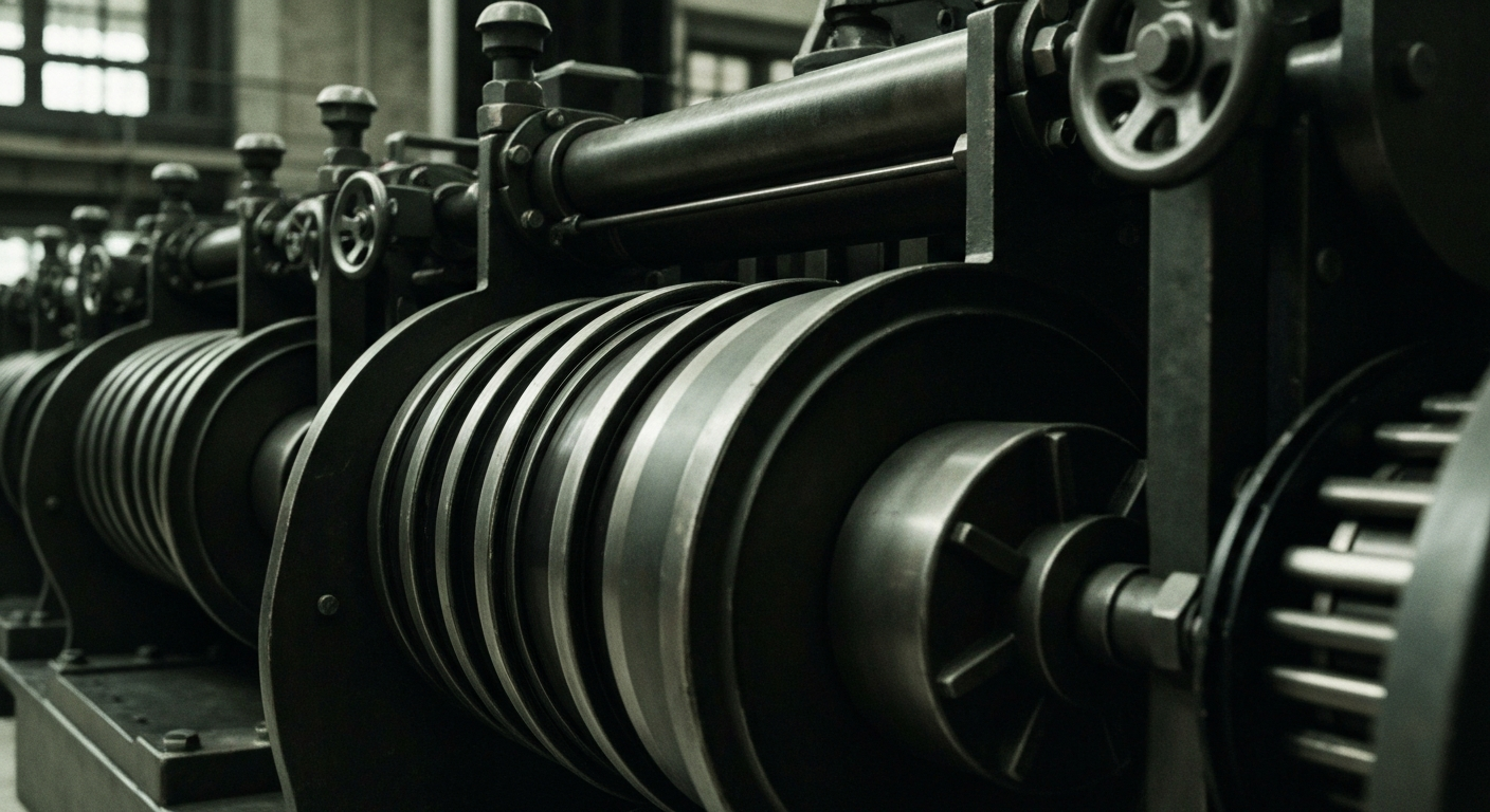 An extreme close-up of gears, levers, and other heavy industrial banking equipment, conveying a sense of institutional financial power and security without using literal currency or charts.