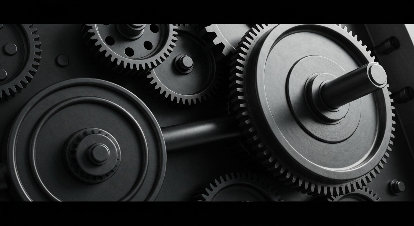 An extreme close-up of the heavy, metallic gears and mechanisms of a bank vault, representing the secure, powerful infrastructure behind the financial institution's operations.
