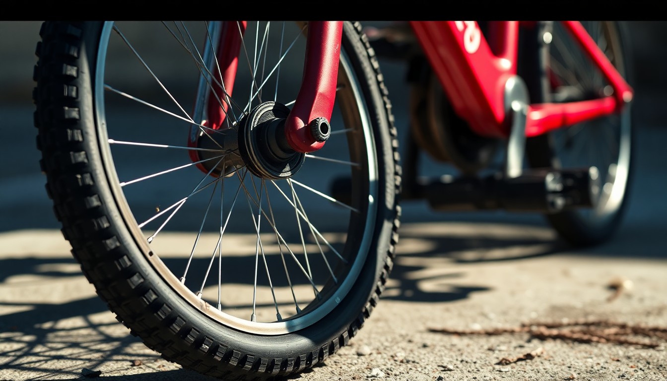 An extreme close-up of a damaged bicycle wheel and pedal, conveying the aftermath of a serious collision involving a child cyclist.