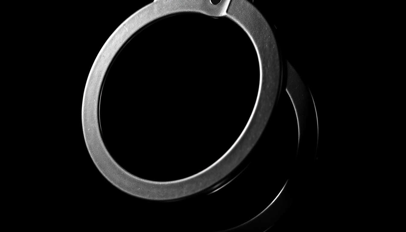 An extreme close-up of a metal handcuff reflecting a bright flash of light, conveying a sense of the stark, investigative nature of the crime reported in this story.