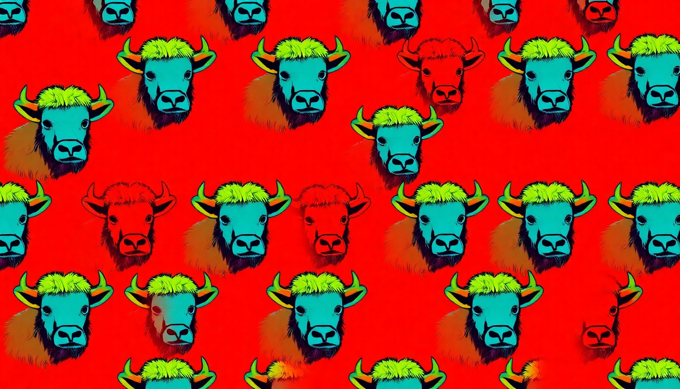 A brightly colored, high-contrast silkscreen-style illustration of a bag of yak-flavored popcorn repeated in a grid pattern, using vibrant neon colors and heavy black outlines to create a modern pop art effect.