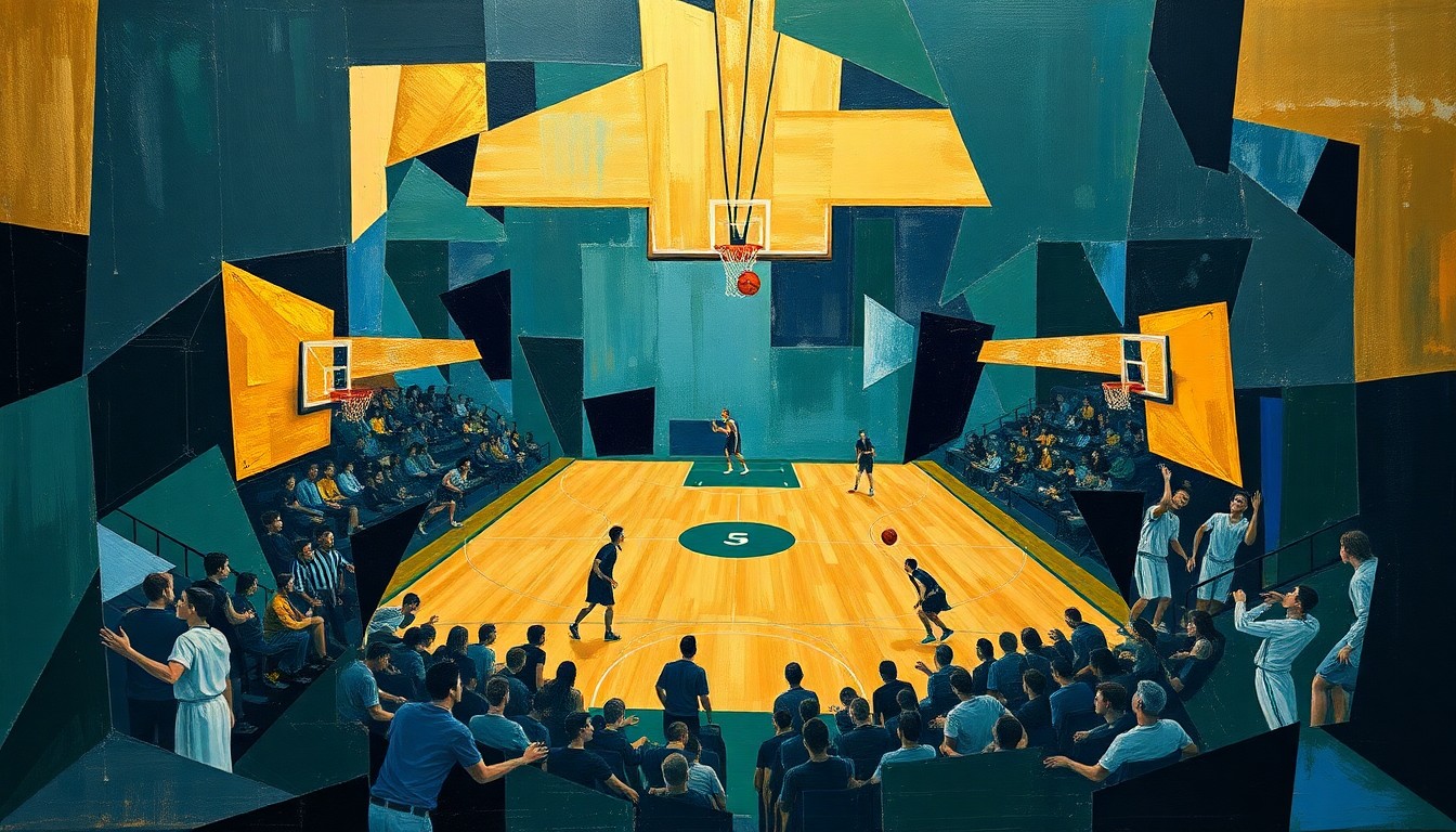 A fragmented, cubist-style painting depicting a high school basketball game, with the players and court broken down into sharp, overlapping geometric shapes in navy, green, and gold, capturing the dynamic movement and energy of the sport.