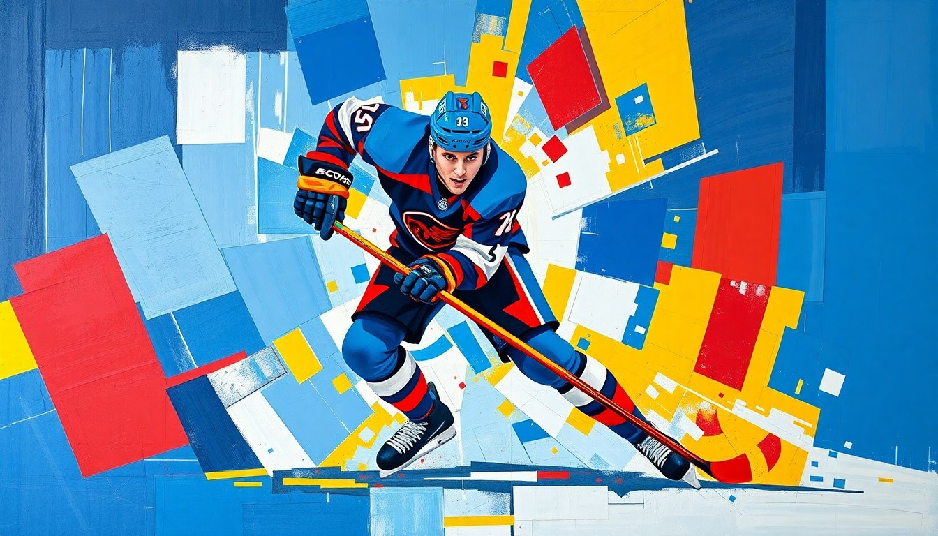 A cubist, geometric painting depicting the dynamic movements of a hockey defenseman, with sharp planes of color and overlapping perspectives conveying the intensity of the competition for the Norris Trophy.