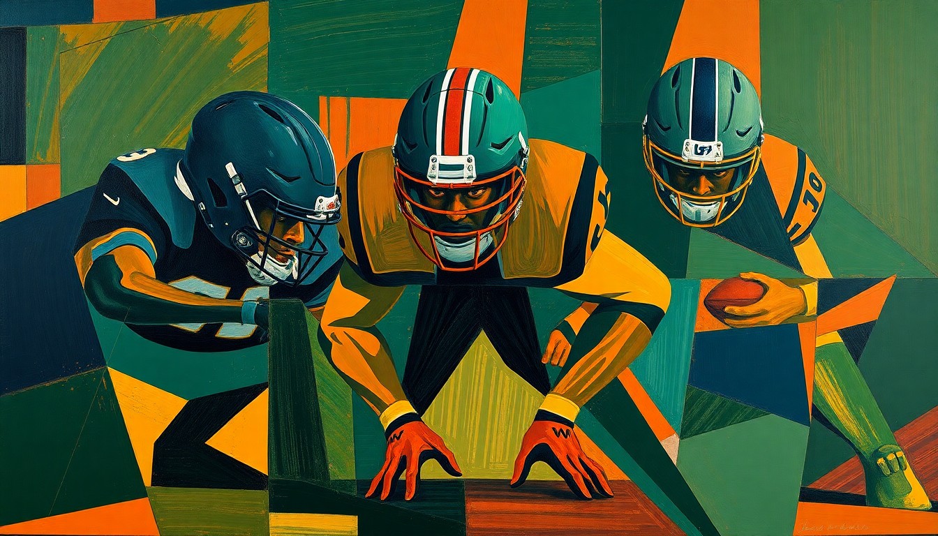 A cubist, multi-angled painting depicting the fragmented forms of football players in an offensive line, with sharp planes of dark navy, forest green, and burnt orange colors, conveying the conceptual idea of the strategic challenges in building a strong offensive line.
