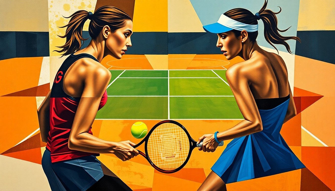 A fractured, geometric painting depicting the dynamic movements and competitive energy of a tennis match, with the players' forms abstracted into sharp, overlapping planes of color and shape.