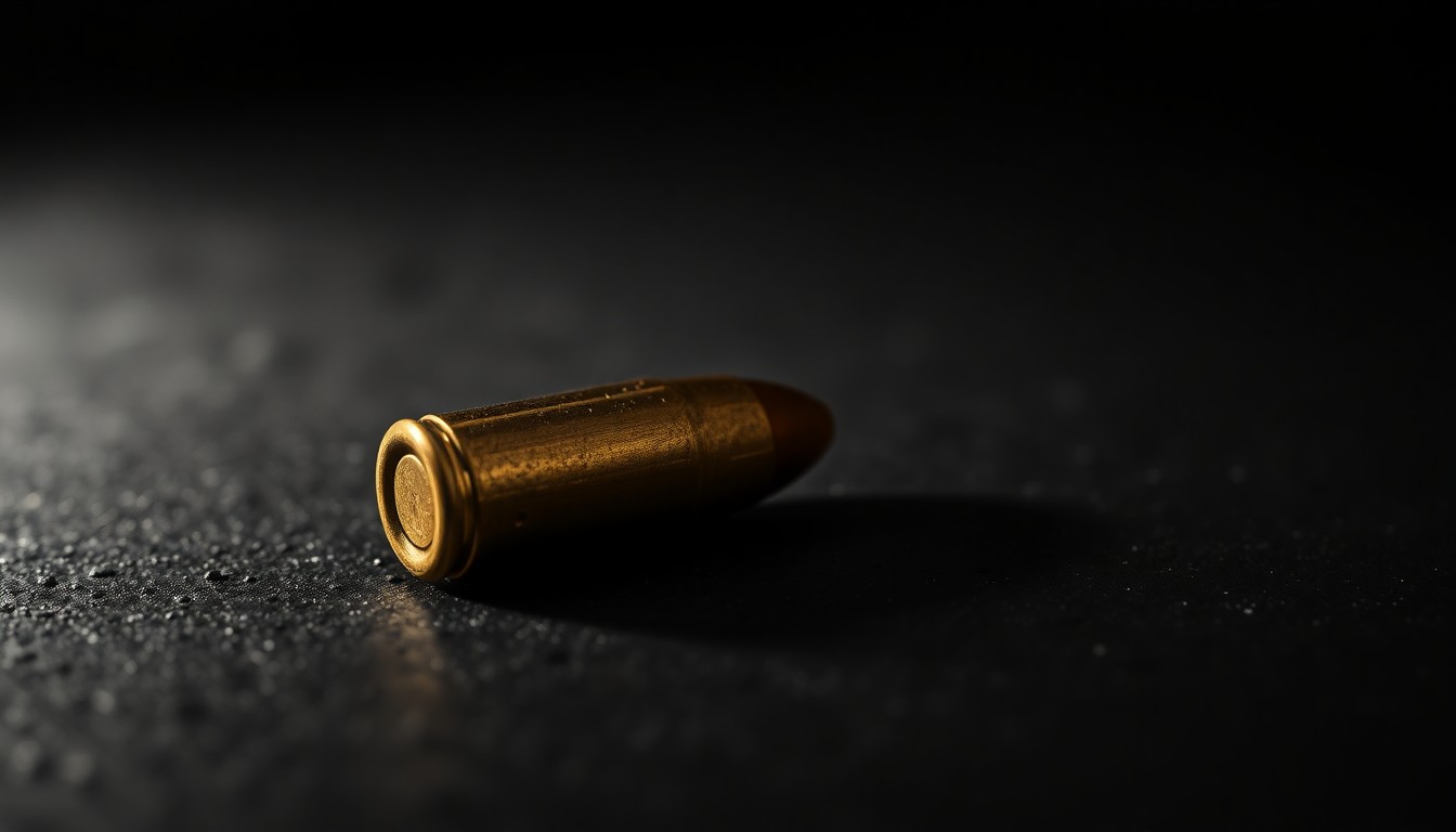 An extreme close-up of a single bullet casing on a dark, textured surface, lit by a harsh, direct camera flash, conceptually representing the investigation into a police shooting.