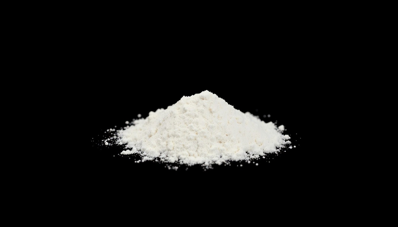An extreme close-up photograph of a small pile of white powder, conceptually representing the seized cocaine from the drug trafficking investigation.