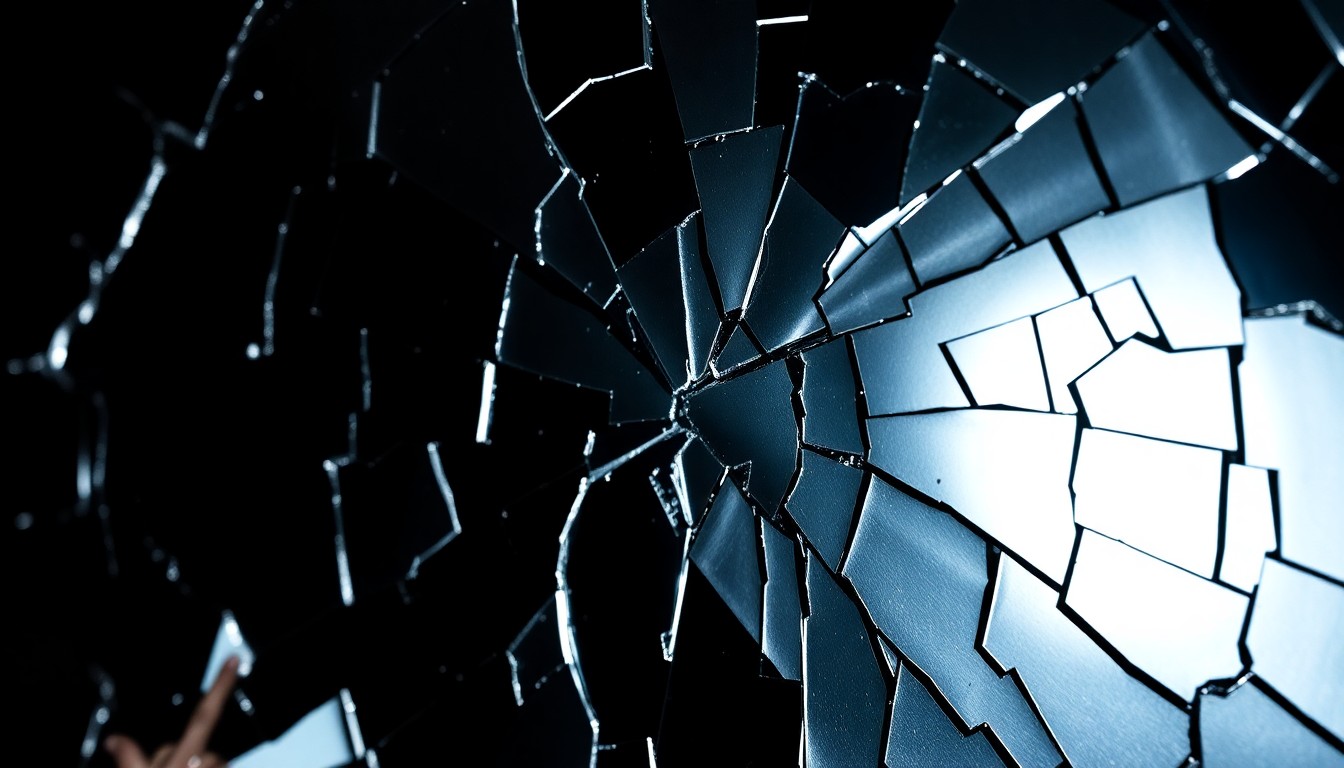 An extreme close-up photograph of a shattered, reflective surface in high contrast, conceptually representing the dystopian, high-tech aesthetic of the film 'RoboCop.'