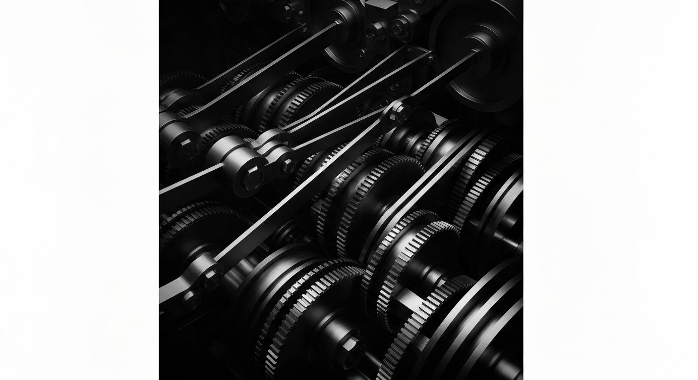 A high-contrast black and white close-up of intricate financial machinery, such as gears, levers, and computer components, conveying the scale and power of the financial system.