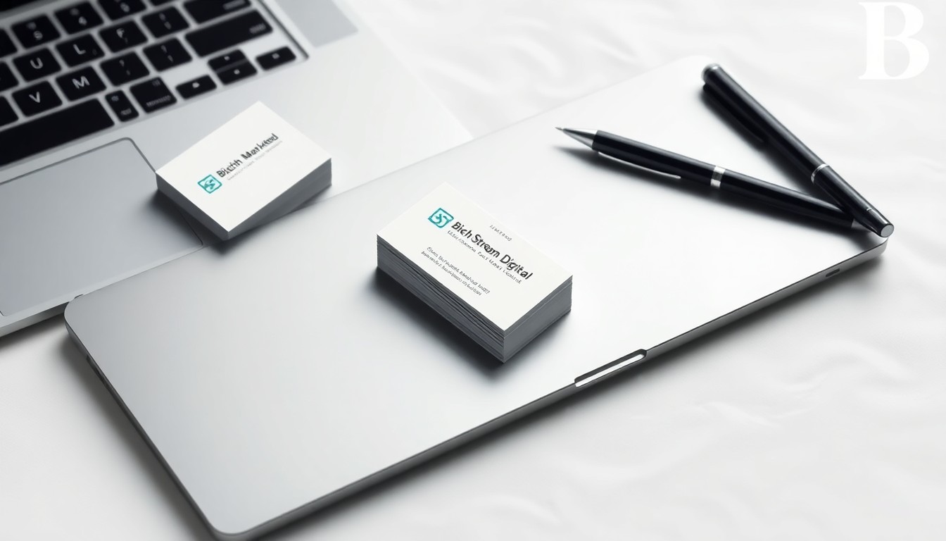 A high-end, photorealistic studio still-life photograph featuring a stack of business cards, a laptop, and a pen arranged elegantly on a clean, white background, conceptually representing the digital marketing services and local expertise of Birch Stream Digital.
