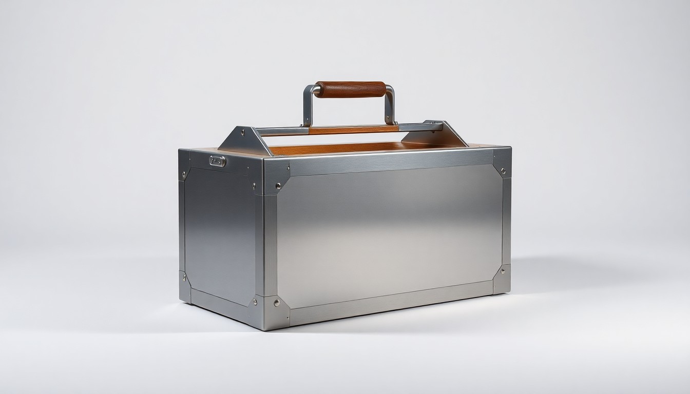 A high-end, photorealistic studio still-life photograph featuring a polished, geometric toolbox or tool chest made of brushed metal and wood, representing the premium craftsmanship and attention to detail that Peerless Restoration and Construction brings to their home renovation projects.