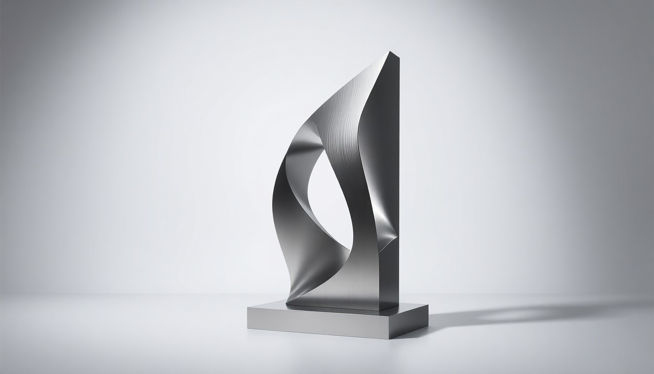 A photorealistic studio still-life photograph featuring a polished, geometric sculpture made of brushed stainless steel, representing the premium, institutional quality of MetLife Investment Management's real estate and agricultural finance operations.