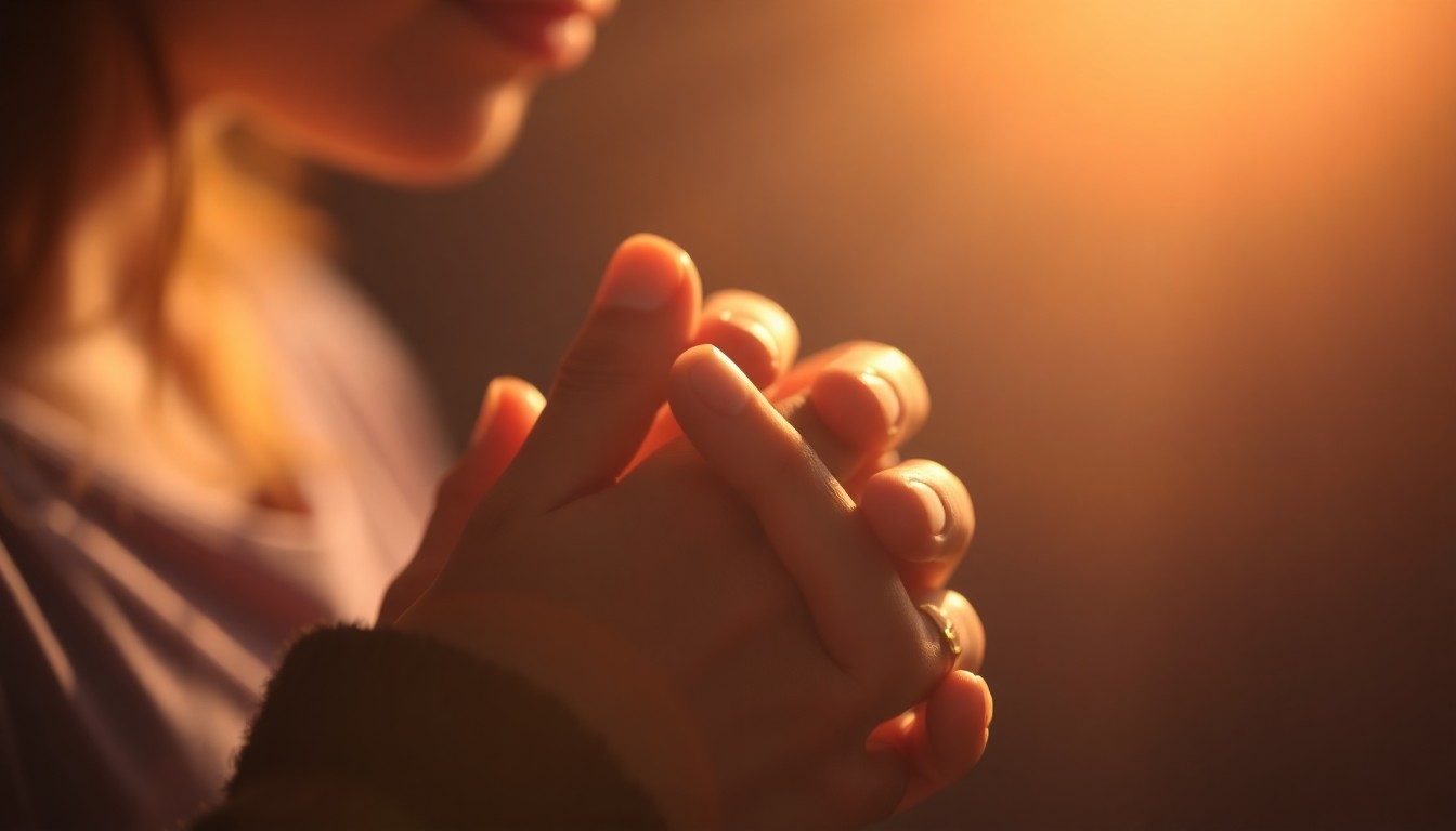 An extremely abstracted, out-of-focus photograph of hands clasped in prayer, composed in soft pools of warm, golden light, conceptually representing the intimate, transformative nature of coming to faith in Christ.