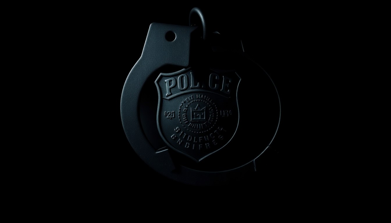 An extreme close-up photograph of a police badge reflecting a bright flash of light, conceptually representing the transition in law enforcement leadership in Hiawatha.