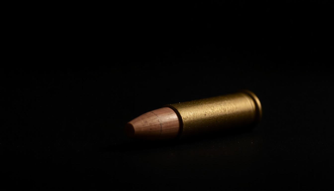 An extreme close-up photograph of a spent bullet casing on a dark surface, lit by a harsh, direct camera flash, conceptually representing the physical evidence of a violent crime.