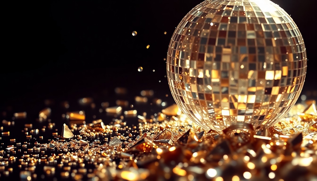 An abstract close-up photograph featuring a dramatic, high-contrast composition of glittering sequins and shattered glass, conceptually representing the glamour and drama of a Las Vegas performance.